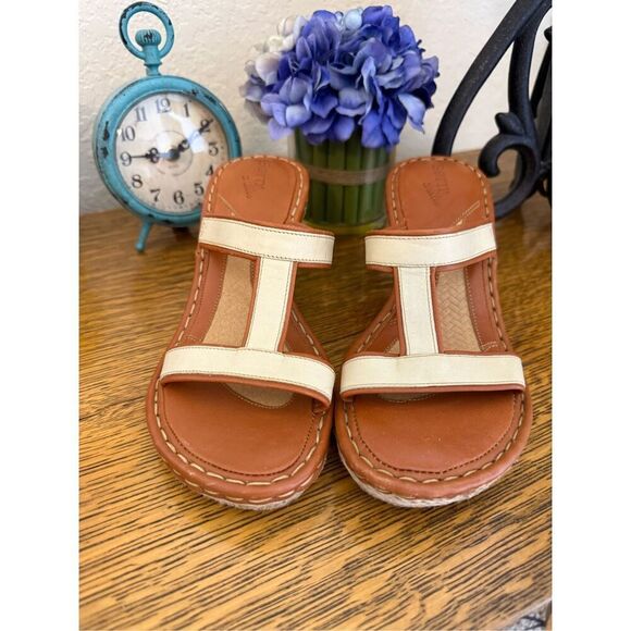 Born Drilles Camel & Ecru Lthr & Jute Wedge Sandals Sz9/9.5 NWOB Classic/Summer - Picture 2 of 14